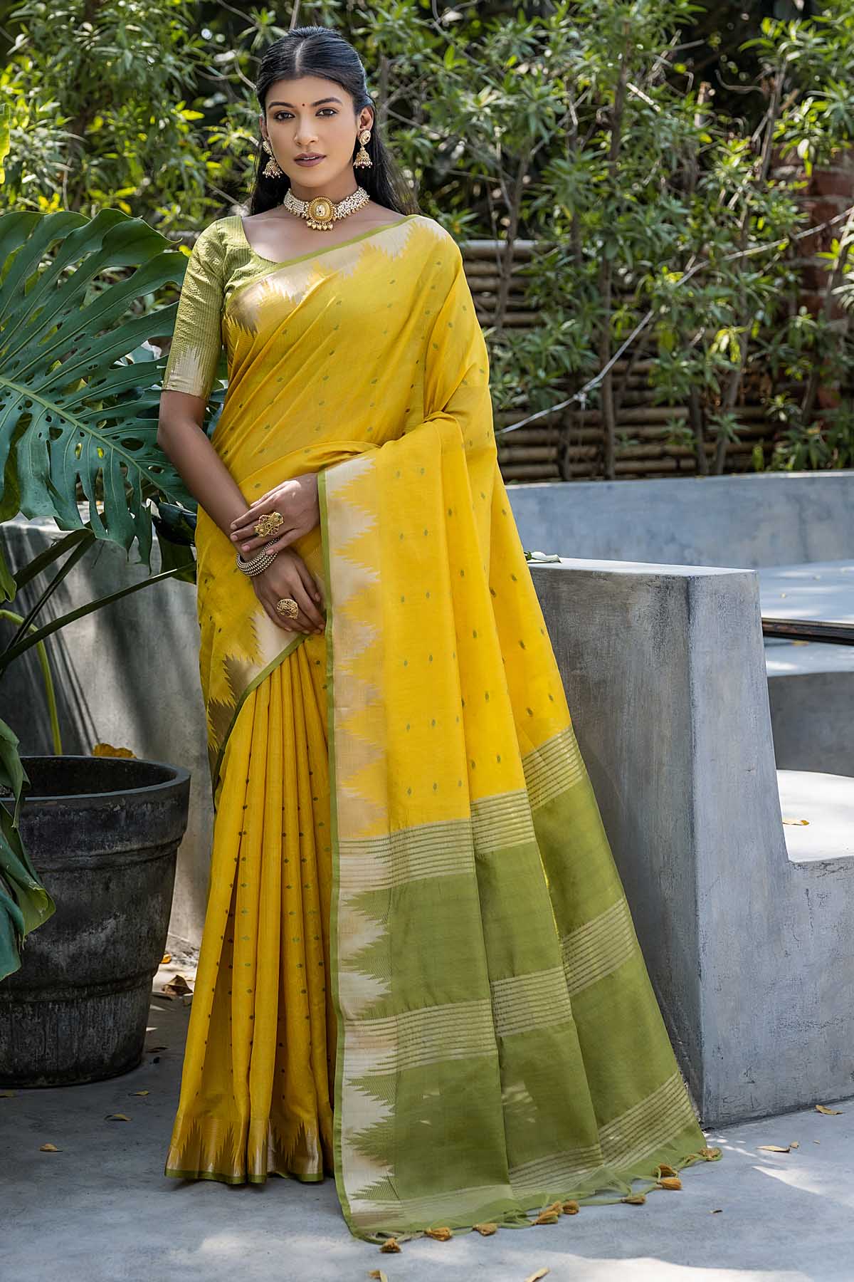 Buy Designer Triangle Border Yellow Saree Online